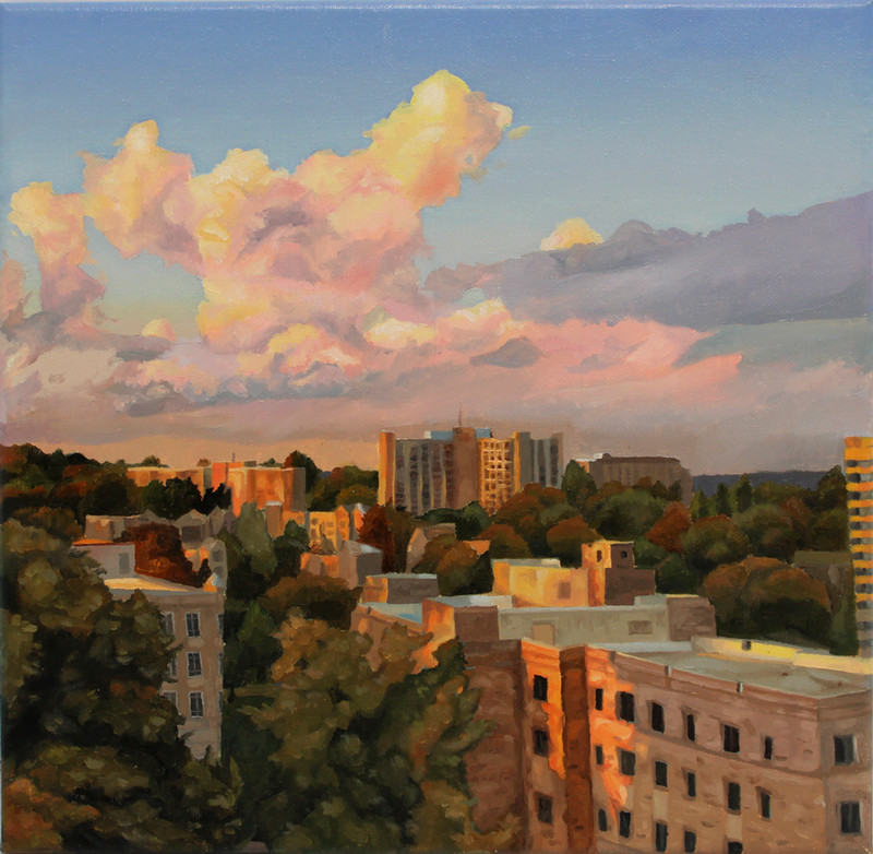 Oil on canvas by Natalie Hernandez titled Dormitory Vista. This vertical painting shows a city landscape at sunset. The sky is filled with large, dramatic clouds in shades of pink, orange, and gray. Buildings and trees below are bathed in the warm, golden light of the setting sun.