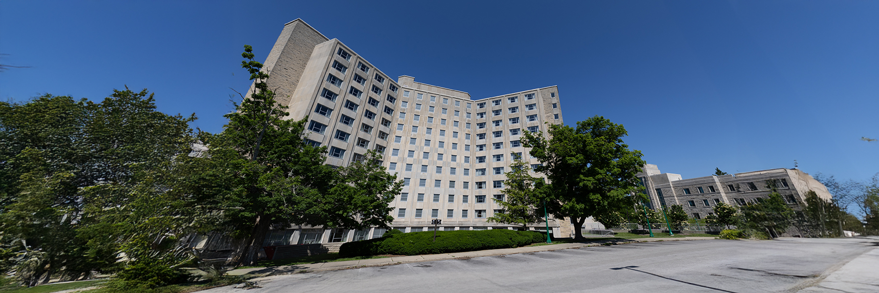 A large limestone dorm building on IU's campus